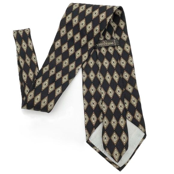 Vintage Valentino Cravatte 100% Silk Necktie Diamond Print Chocolate Gold Black - Picture 2 of 12